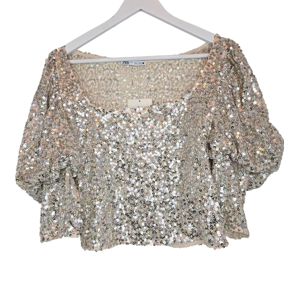 ZARA Puff Sleeve Tulle Sequin Crop Top Pearly Women's Sz Large Holiday Y2K Party - Picture 2 of 15